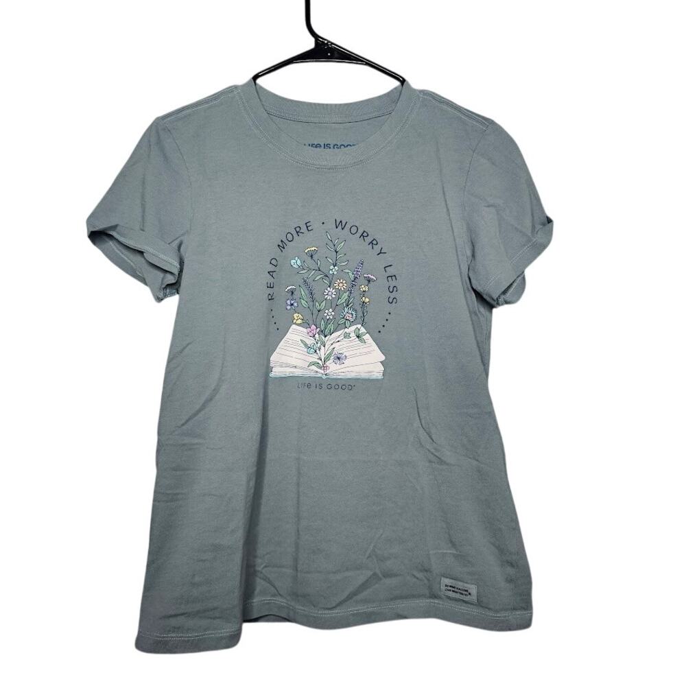 Life is Good crusher graphic tee muted green read more worry less bookish Size M
